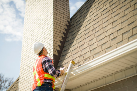 man with hard hat standing on steps inspecting house roofの写真素材