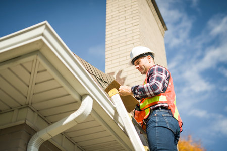 man with hard hat standing on steps inspecting house roofの写真素材