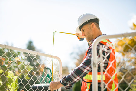Safety fence at swimming pool with worker inspection