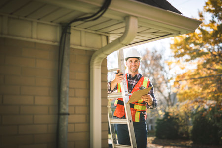 man with hard hat standing on steps inspecting house roof