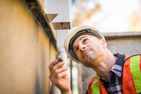 The inspector or engineer is checking the dryer evacuation structure and house. After the renovate is completeの写真素材