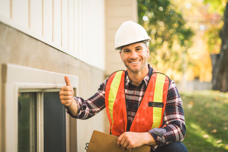 Man inspecting house window outside on day lightの写真素材