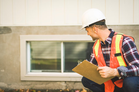 Man inspecting house window outside on day lightの写真素材