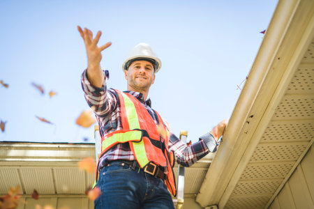 man with hard hat standing on steps inspecting house roofの写真素材
