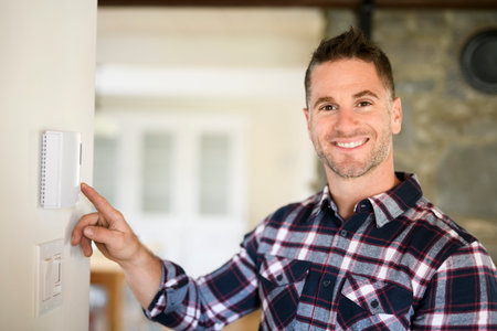 A man set the thermostat at houseの写真素材