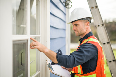 Man inspecting house window outside on day lightの写真素材