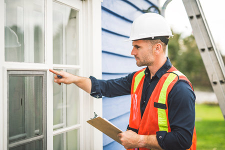 Man inspecting house window outside on day lightの写真素材