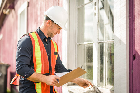 Man inspecting house window outside on day light