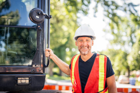 caucasian engineer with white helmet at work and having a mechanical shovel on the back