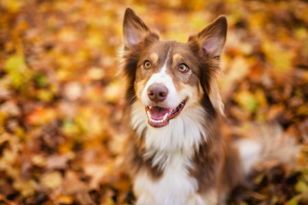 brown tricolor australian shepherd dog in fall season