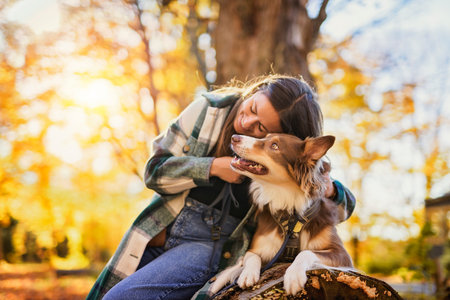 Loving woman with her shepherd Australian on fall seasonの写真素材