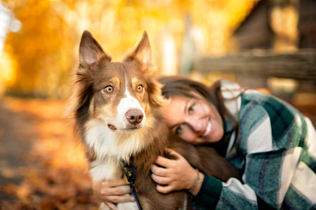 Loving woman with her shepherd Australian on fall seasonの写真素材