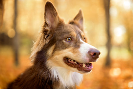 brown tricolor australian shepherd dog in fall seasonの写真素材