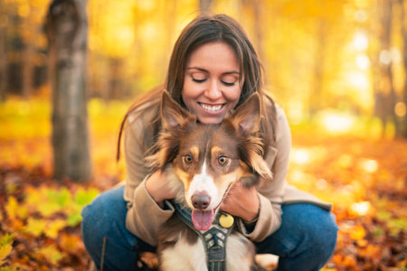 Loving woman with her shepherd Australian on fall seasonの写真素材