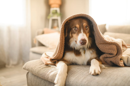 brown australian shepherd dog indoor on the living room under blanketの写真素材