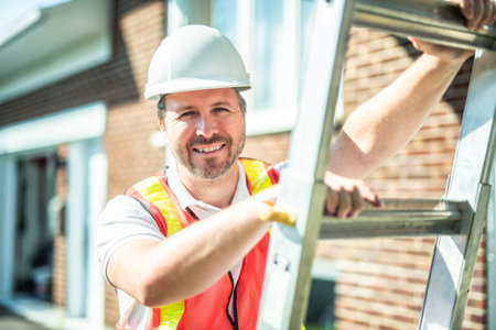 inspector or engineer with ladder checking the building structure and house roof specifications.の写真素材
