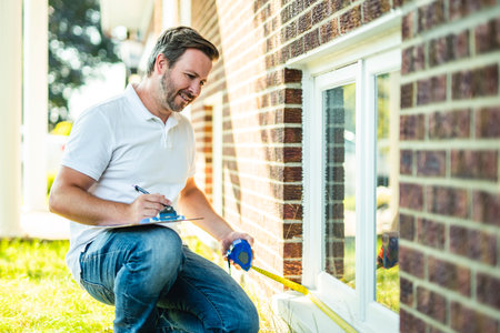 Man inspecting house window outside on day light