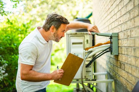technician working on air conditioning or heat pump outdoor unitの写真素材