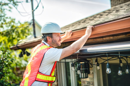 man with hard hat standing on steps inspecting house roofの写真素材