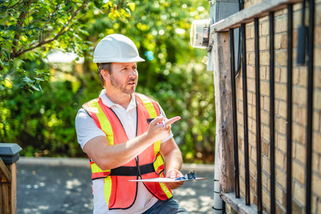 Safety fence at swimming pool with worker inspection men