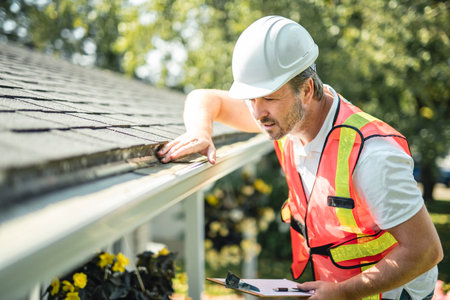 man with hard hat standing on steps inspecting house roof