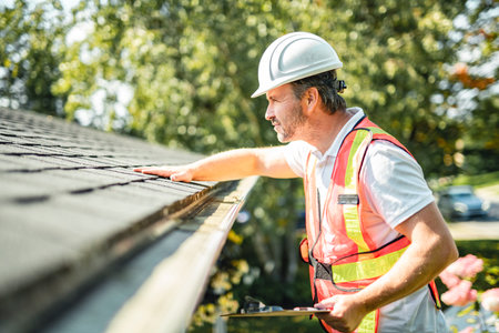 man with hard hat standing on steps inspecting house roofの写真素材