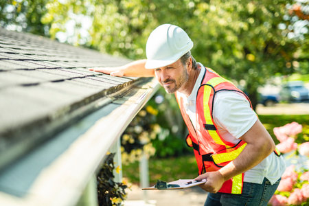 man with hard hat standing on steps inspecting house roofの写真素材