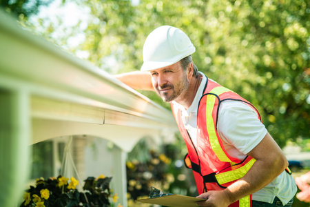 man with hard hat standing on steps inspecting house roofの写真素材