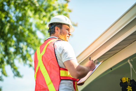 man with hard hat standing on steps inspecting house roofの写真素材