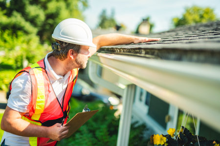 man with hard hat standing on steps inspecting house roofの写真素材