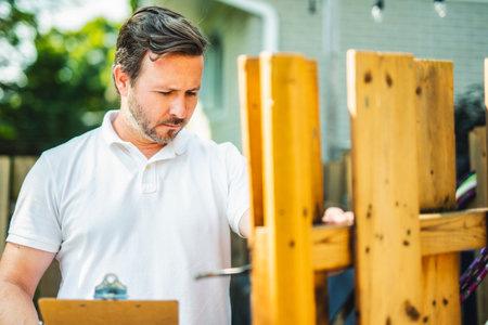 Safety fence with worker inspection men close to a houseの写真素材