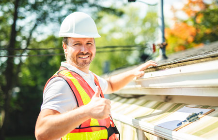 man with hard hat standing on steps inspecting house roof
