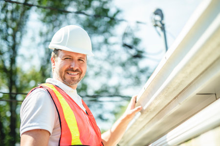 man with hard hat standing on steps inspecting house roof