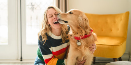 Portrait of woman with healthy golden retriever dog indoors in at home.の写真素材