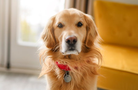 Portrait of happy healthy dog indoors in living room at home. Cute golden retrieverの写真素材