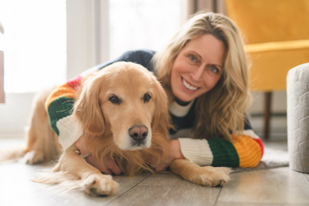 Portrait of woman with healthy golden retriever dog indoors in at home.の写真素材