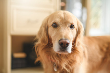 Portrait of happy healthy dog indoors in living room at home. Cute golden retrieverの写真素材