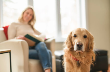 Portrait of woman with healthy golden retriever dog indoors in at home reading bookの写真素材