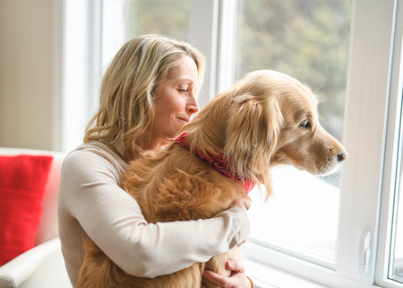 Portrait of woman with healthy golden retriever dog indoors in at home.