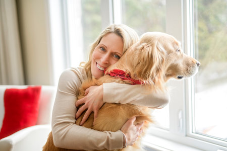 Portrait of woman with healthy golden retriever dog indoors in at home.の写真素材