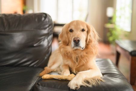 Portrait of happy healthy dog indoors in living room at home. Cute golden retrieverの写真素材