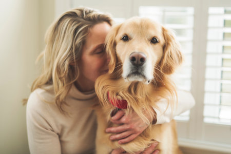 Portrait of woman with healthy golden retriever dog indoors in at home.の写真素材