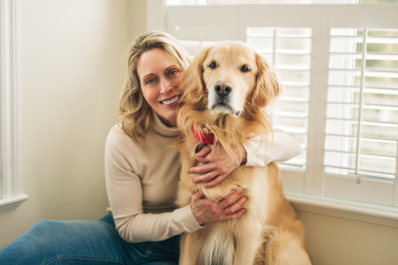 Portrait of woman with healthy golden retriever dog indoors in at home.の写真素材