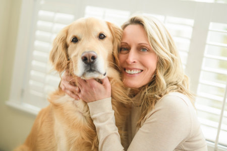Portrait of woman with healthy golden retriever dog indoors in at home.の写真素材