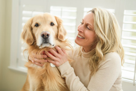 Portrait of woman with healthy golden retriever dog indoors in at home.