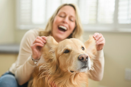 Portrait of woman with healthy golden retriever dog indoors in at home.