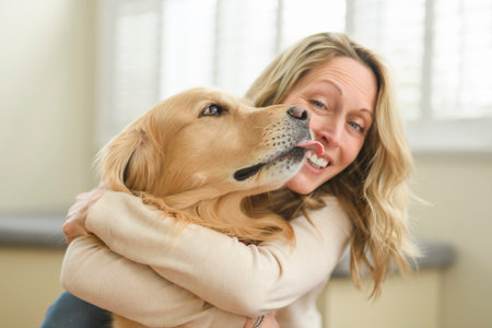 Portrait of woman with healthy golden retriever dog indoors in at home.