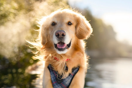 Portrait of happy healthy dog outside in winter season. Golden retrieverの写真素材