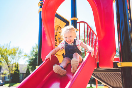 Happy kid slide on playground on summer seasonの写真素材