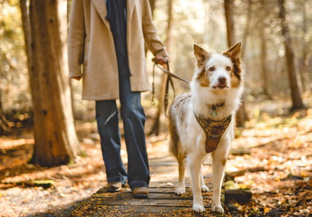 Loving young woman with her shepherd Australian on fall seasonの写真素材